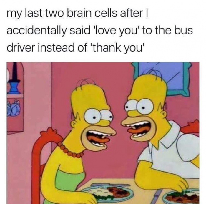 brain cells meme - my last two brain cells after | accidentally said 'love you' to the bus driver instead of 'thank you'