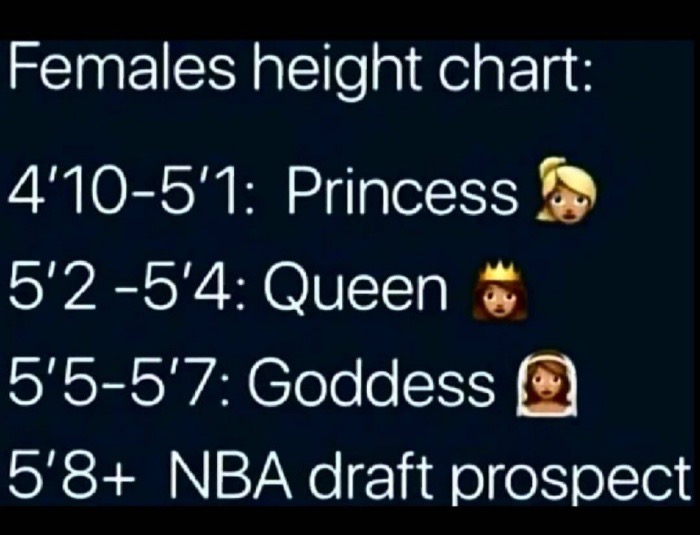 atmosphere - Females height chart 4'105'1 Princess 5'25'4 Queen 5'55'7 Goddess Q 5'8 Nba draft prospect
