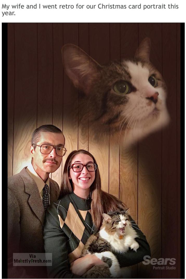 man and wife and cats that went retro for their photos this year