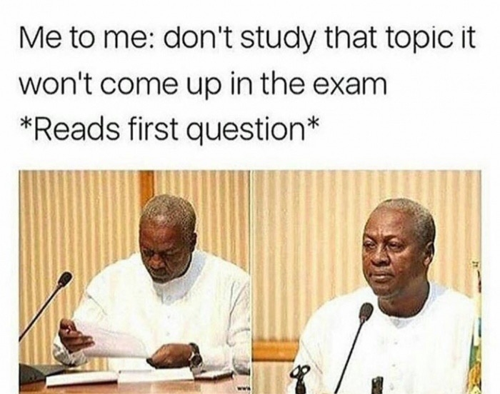meme about when you figure you can skip one topic because it won't be on the exam and it is the first question