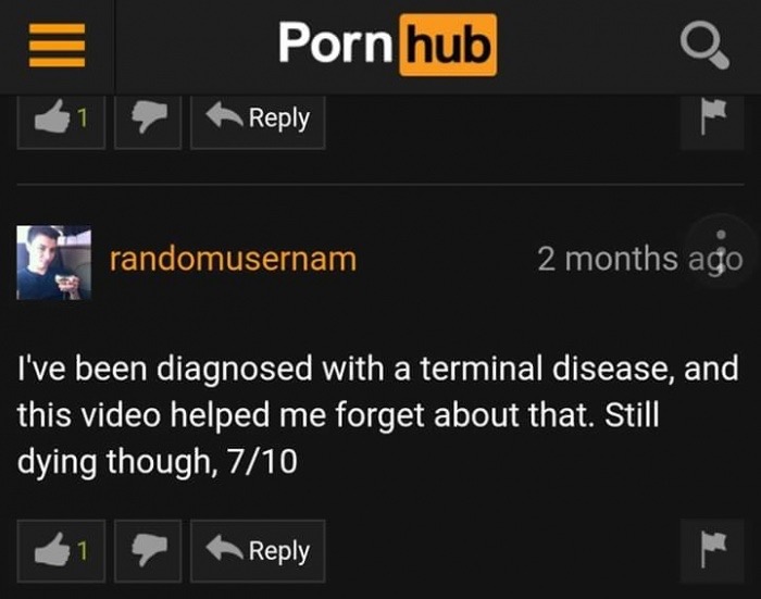 screenshot - Porn hub randomusernam 2 months ago I've been diagnosed with a terminal disease, and this video helped me forget about that. Still dying though, 710