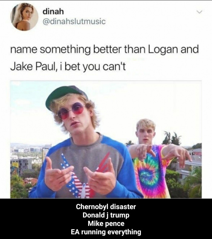 Brutally savage meme against Jake Paul and Logan Paul of someone daring to name something better than the two, and someone starts listing horrible disasters and concepts