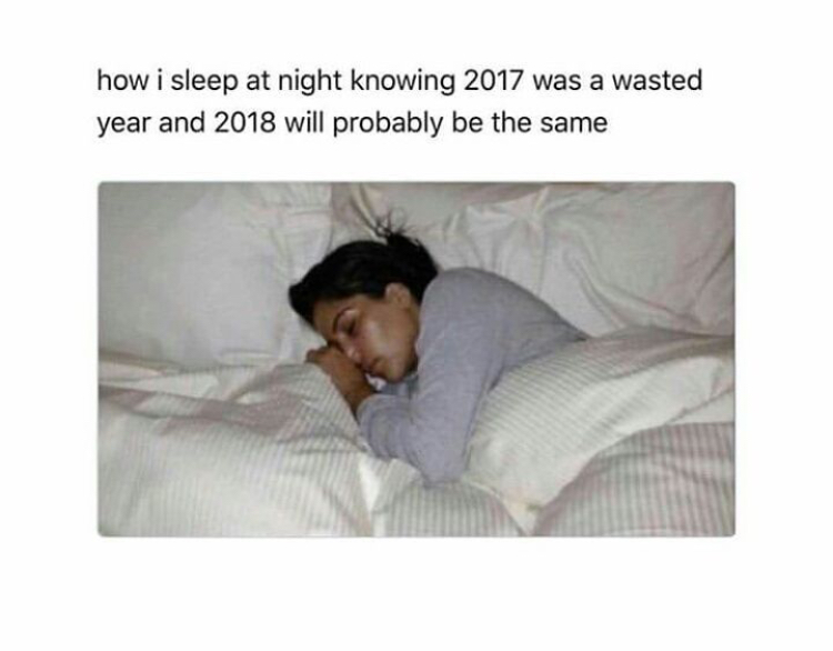 savage meme about sleeping well at night after wasting the whole year of 2017 and 2018