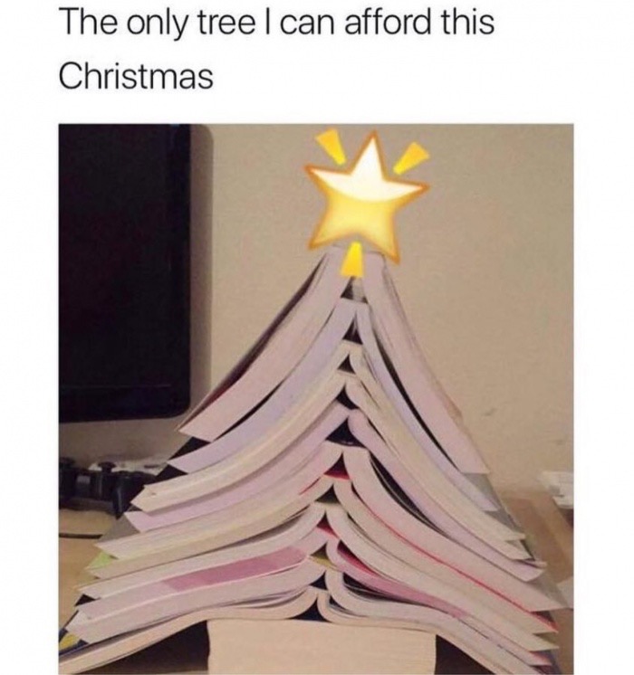 savage meme about being so poor you have to make a x-mas tree out of books