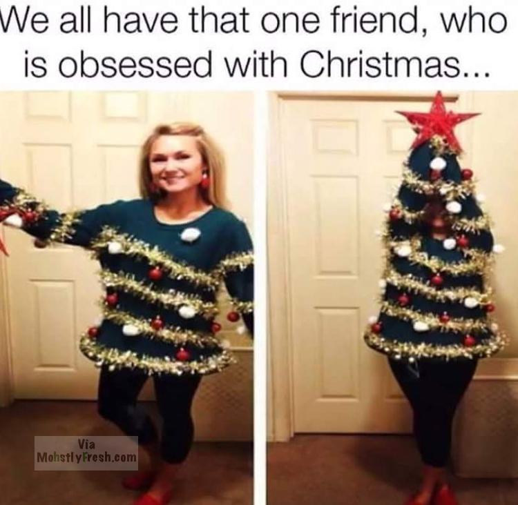 savage christmas meme of girl dressed as christmas tree