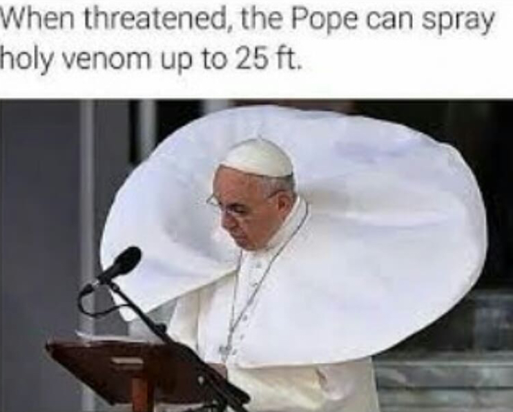 pope holy venom meme - When threatened, the Pope can spray holy venom up to 25 ft.