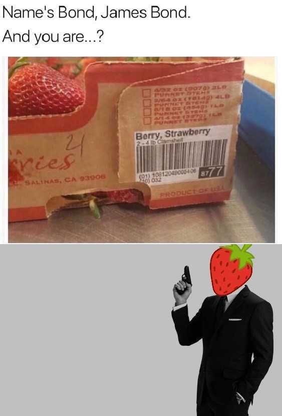 berry strawberry james bond - Name's Bond, James Bond. And you are...? Berry, Strawberry 24bcamshe 993 10812000005408 8777 Salinas, Ca 93905