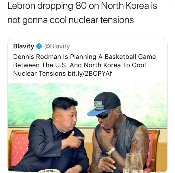 dennis rodman 2017 - Lebron dropping 80 on North Korea is not gonna cool nuclear tensions Blavity Dennis Rodman Is Planning A Basketball Game Between The U.S. And North Korea To Cool Nuclear Tensions bit.ly2BCPYA