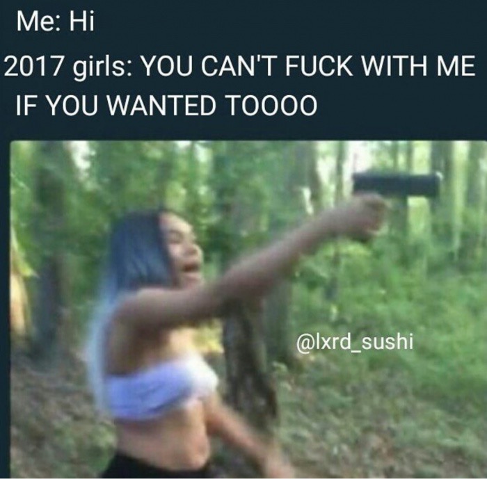 memes - gun twitter meme - Me Hi 2017 girls You Can'T Fuck With Me If You Wanted TO000