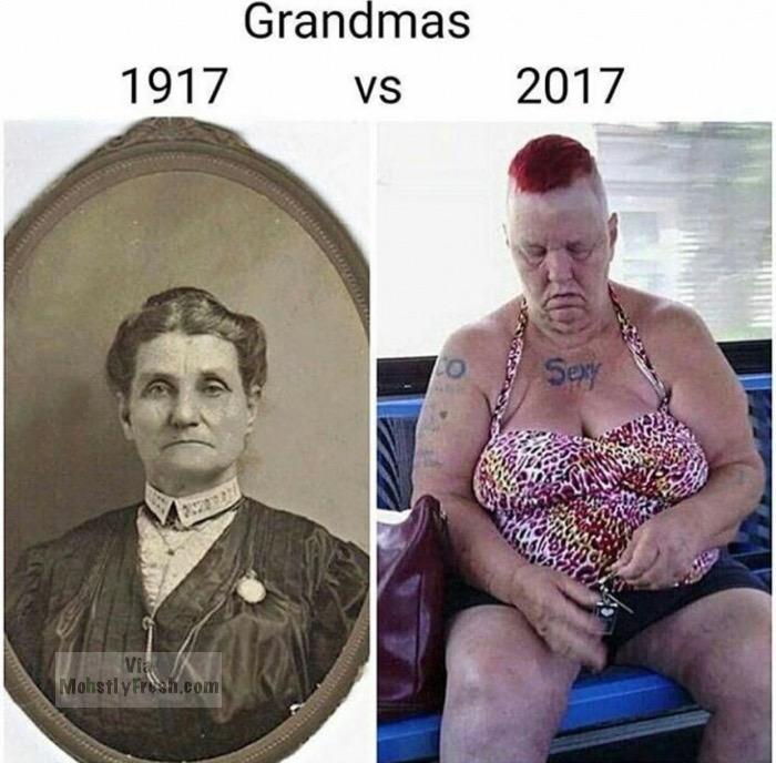 memes - wtf people - Grandmas 1917 vs 2017 Sexy Noon Mohstly fresh.com