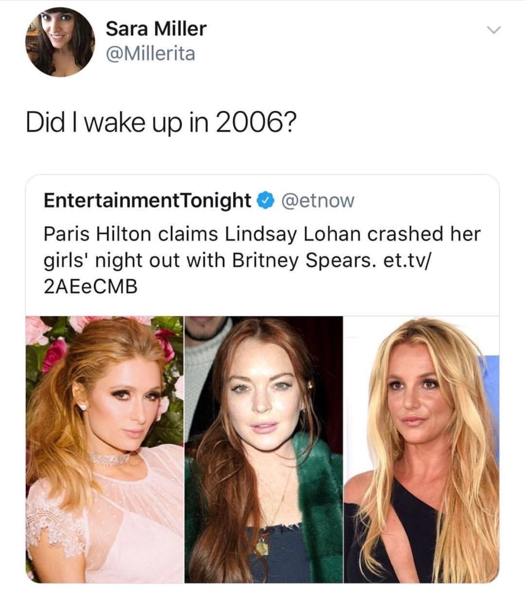 meme stream - laugh fresh memes - Sara Miller Did I wake up in 2006? Entertainment Tonight Paris Hilton claims Lindsay Lohan crashed her girls' night out with Britney Spears. et.tv 2AEECMB