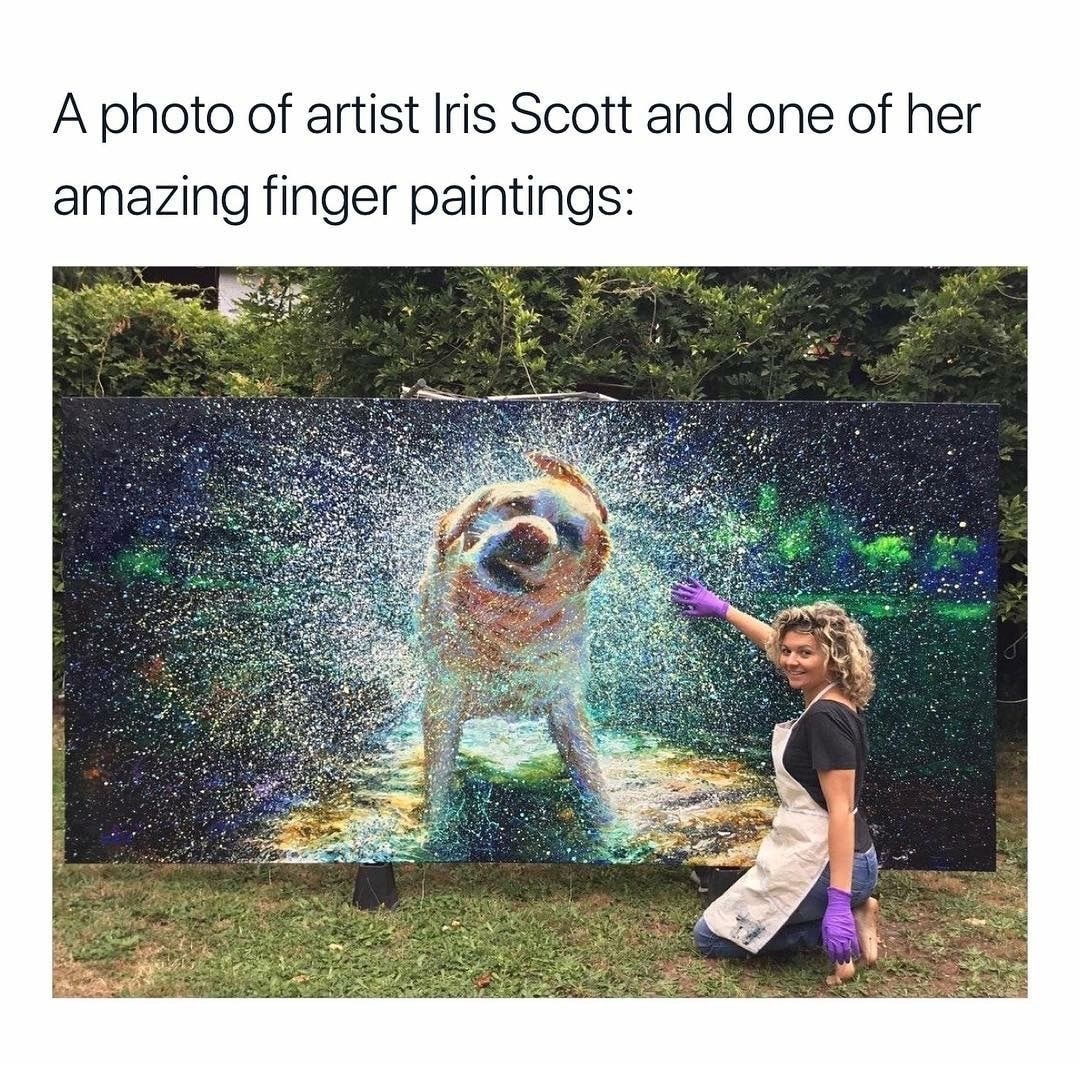 good finger painting - A photo of artist Iris Scott and one of her amazing finger paintings