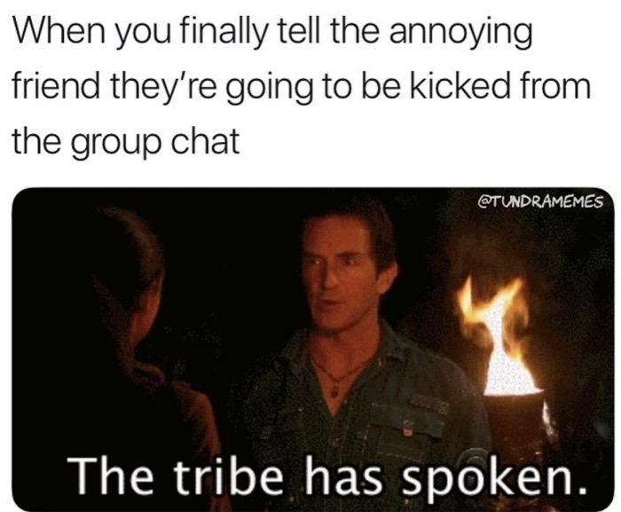photo caption - When you finally tell the annoying friend they're going to be kicked from the group chat The tribe has spoken.