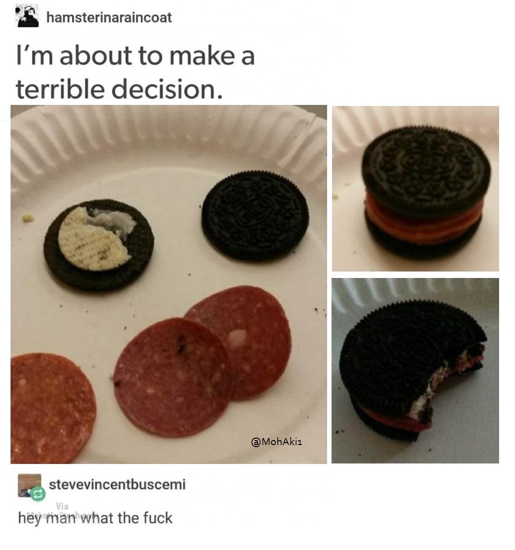 oreo - hamsterinaraincoat I'm about to make a terrible decision. stevevincentbuscemi Via hey man what the fuck
