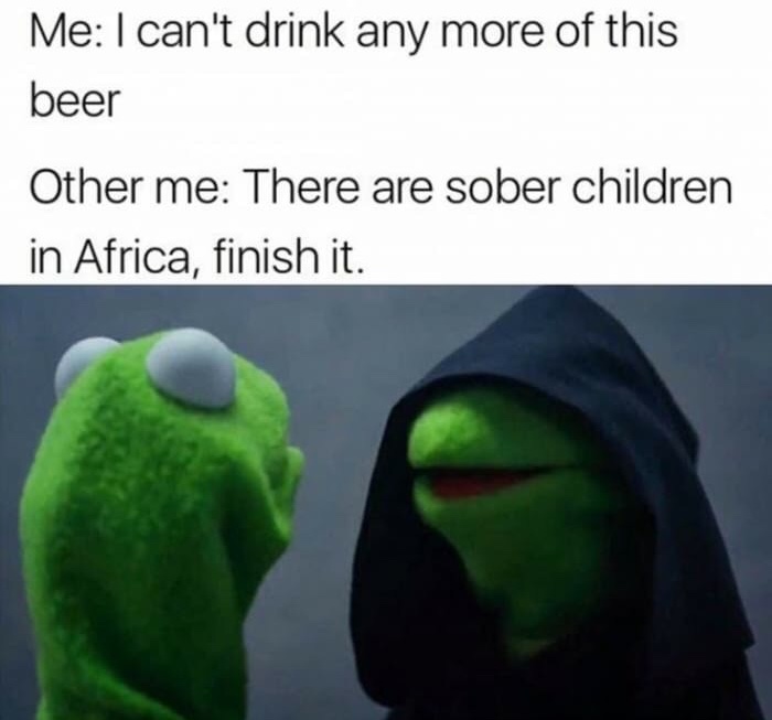 dank memes about kermit meme drinking - Me I can't drink any more of this beer Other me There are sober children in Africa, finish it.