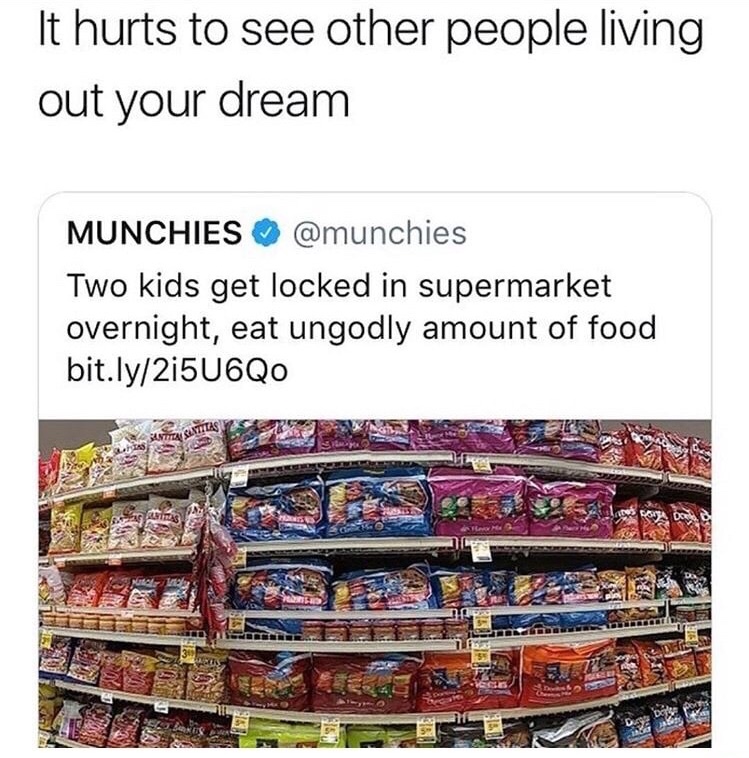 dank memes about hurts to see other people living your dream - It hurts to see other people living out your dream Munchies Two kids get locked in supermarket overnight, eat ungodly amount of food bit.ly2i5U6Qo Les U