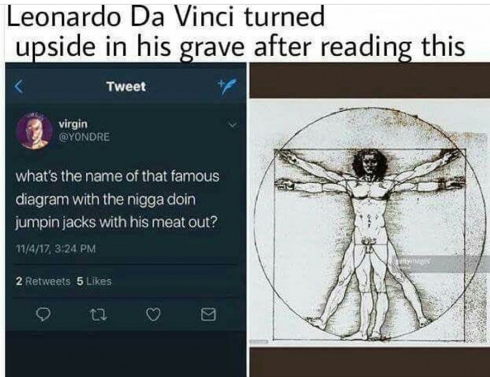 dank meme leonardo da vinci meme meat out - Leonardo Da Vinci turned upside in his grave after reading this Tweet virgin what's the name of that famous diagram with the nigga doin jumpin jacks with his meat out? 17417, 2 5