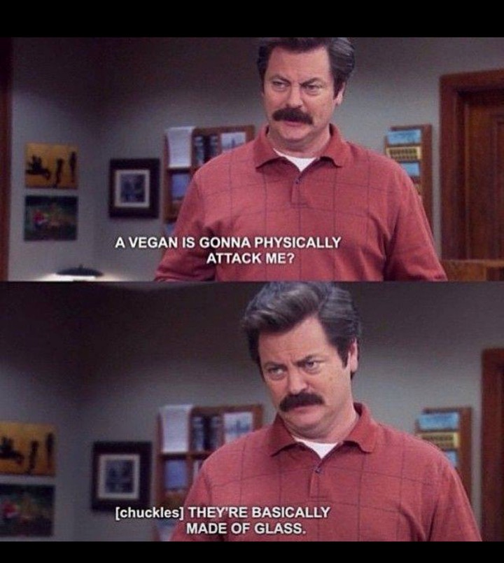 parks and rec memes ron swanson - A Vegan Is Gonna Physically Attack Me? chuckles They'Re Basically Made Of Glass.