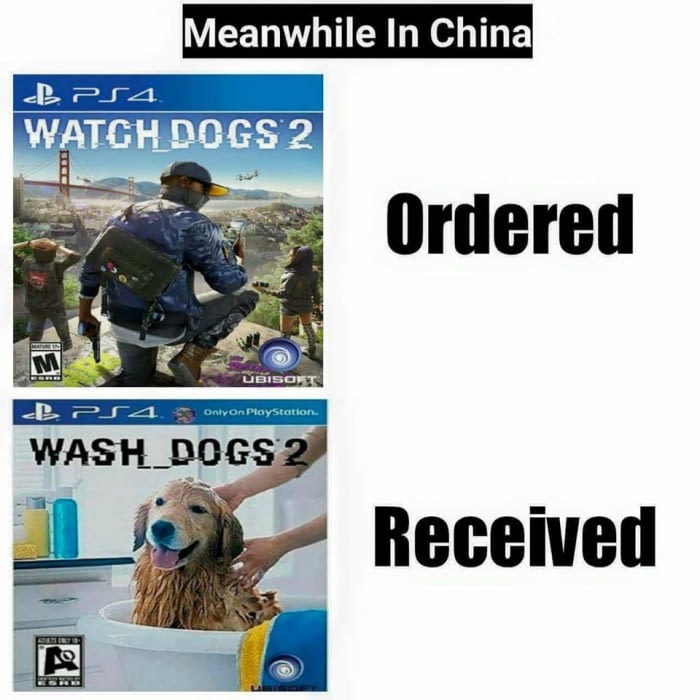 watch dogs wash dogs meme - Meanwhile In China B PS4 Watch Dogs 2 Ordered Ubisoft B P S4 onlyon Playstation Wash Dogs 2 Received