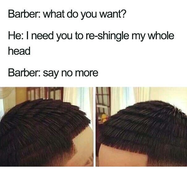 Barber what do you want? He I need you to reshingle my whole head Barber say no more