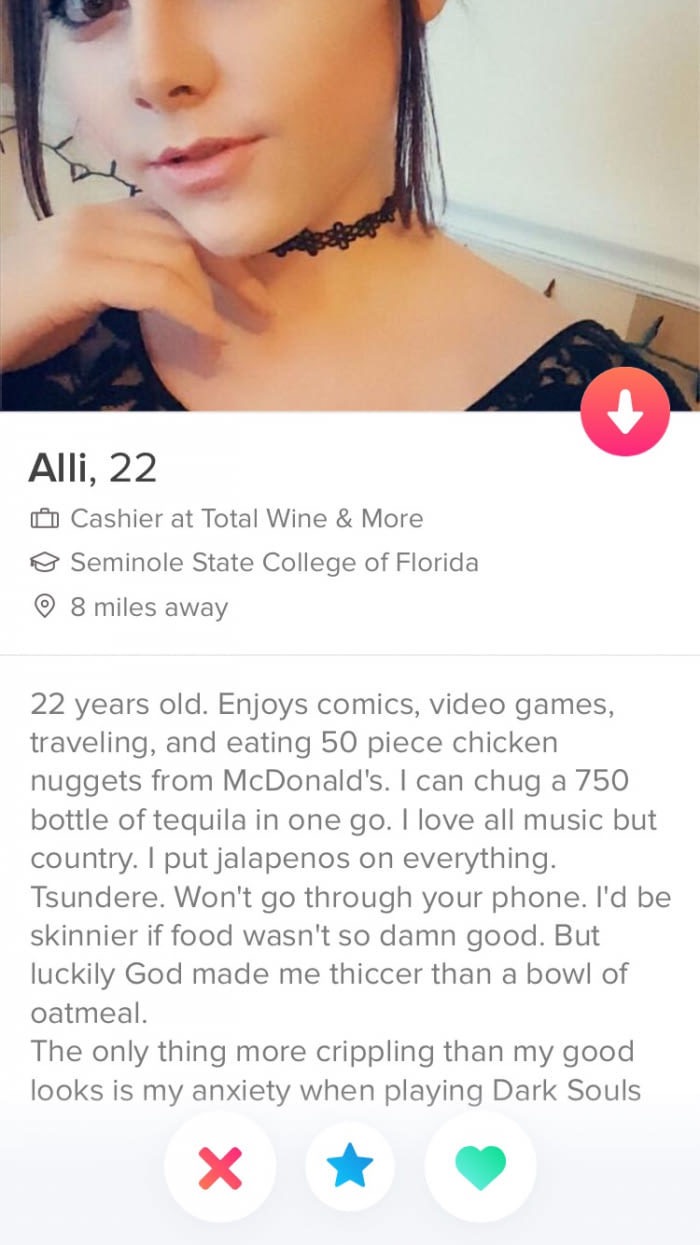 perfect girl meme - Alli, 22 Cashier at Total Wine & More Seminole State College of Florida 8 miles away 22 years old. Enjoys comics, video games, traveling, and eating 50 piece chicken nuggets from McDonald's. I can chug a 750 bottle of tequila in one go