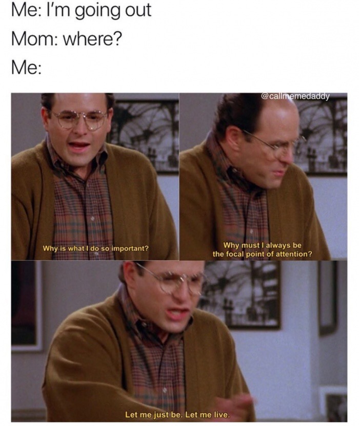 Dank meme of George Costanza and telling off mom when she asks a million questions