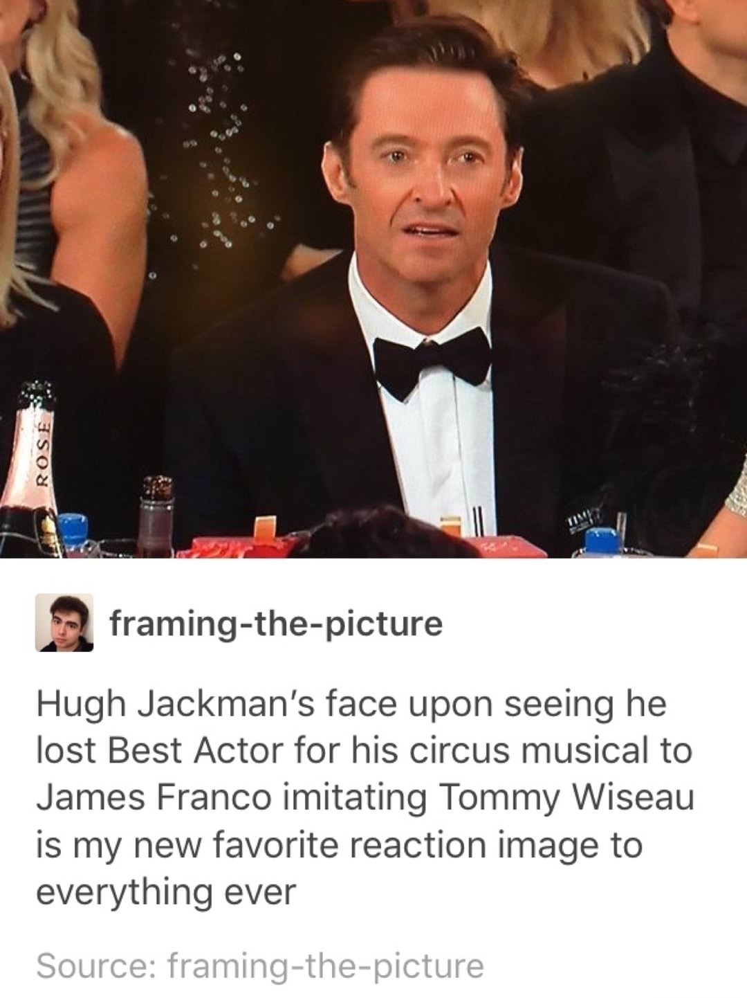 hugh jackman losing to james franco - Rose framingthepicture Hugh Jackman's face upon seeing he lost Best Actor for his circus musical to James Franco imitating Tommy Wiseau is my new favorite reaction image to everything ever Source framingthepicture