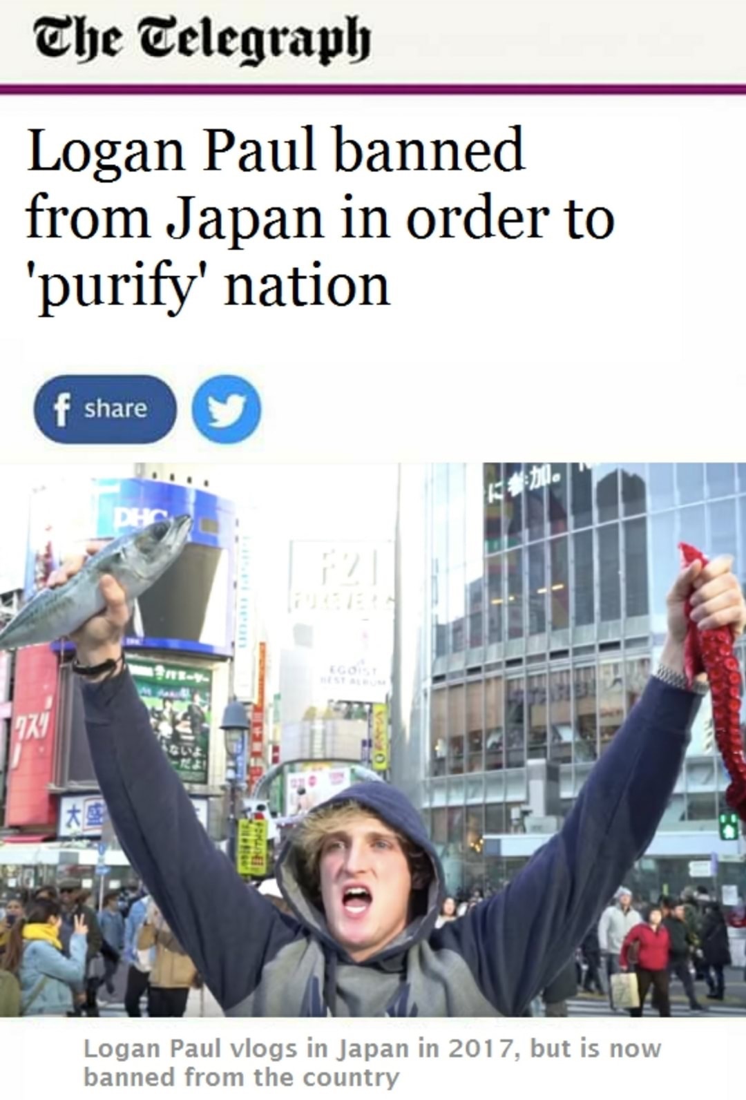 ban logan paul - The Telegraph Logan Paul banned from Japan in order to 'purify' nation f Logan Paul vlogs in Japan in 2017, but is now banned from the country