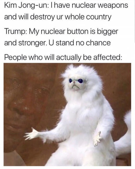 crazy funny - Kim Jongun I have nuclear weapons and will destroy ur whole country Trump My nuclear button is bigger and stronger. U stand no chance People who will actually be affected