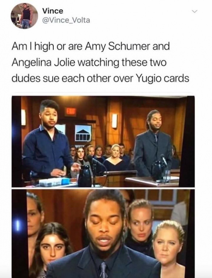 amy schumer angelina jolie - Vince Volta Am I high or are Amy Schumer and Angelina Jolie watching these two dudes sue each other over Yugio cards M