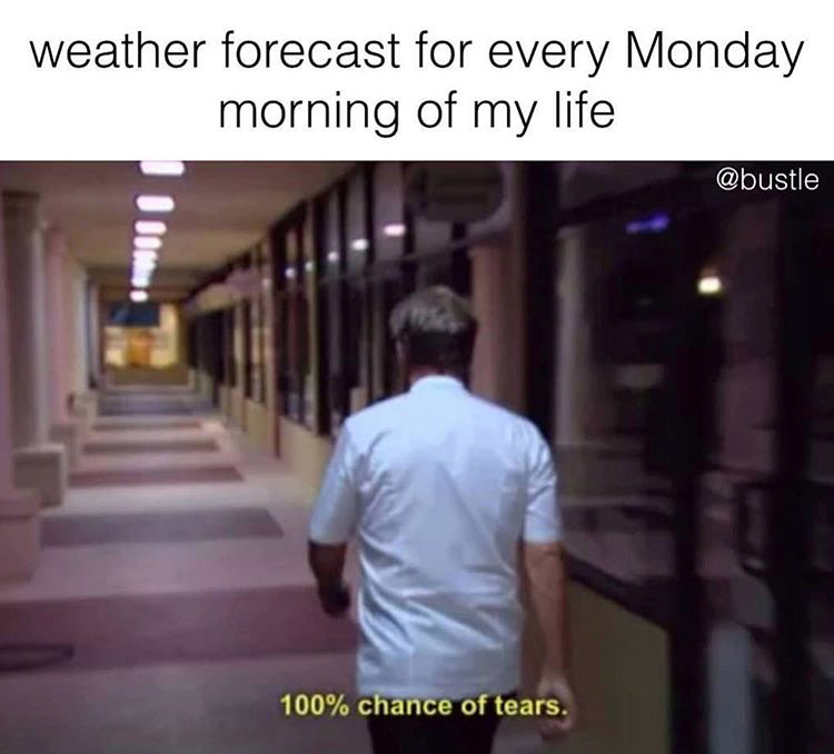 work fails memes - weather forecast for every Monday morning of my life 100% chance of tears.