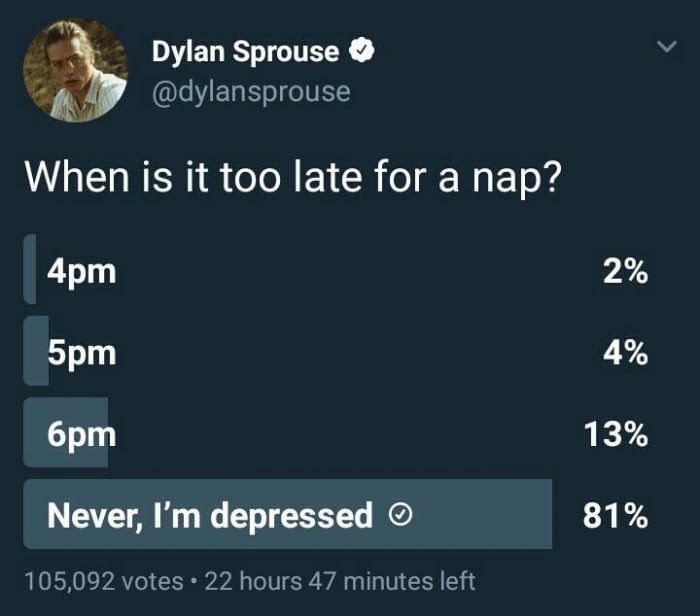 screenshot - Dylan Sprouse When is it too late for a nap? 4pm Aoz 5pm 6pm 13% Never, I'm depressed 81% 105,092 votes 22 hours 47 minutes left