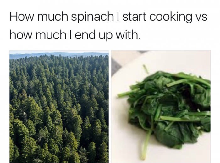 cooking spinach meme - How much spinach I start cooking vs how much lend up with.