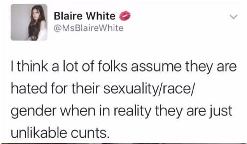 document - Blaire White I think a lot of folks assume they are hated for their sexualityrace gender when in reality they are just unlikable cunts.