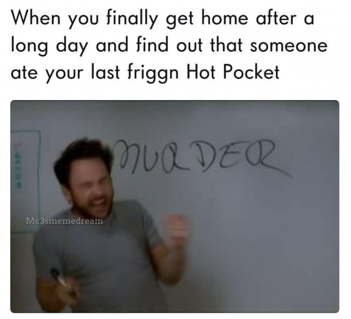 presentation - When you finally get home after a long day and find out that someone ate your last friggn Hot Pocket Murder Mc3smemedream