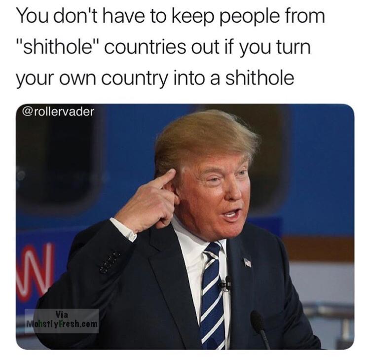 dumb trump - You don't have to keep people from "shithole" countries out if you turn your own country into a shithole Via Mohstly Fresh.com