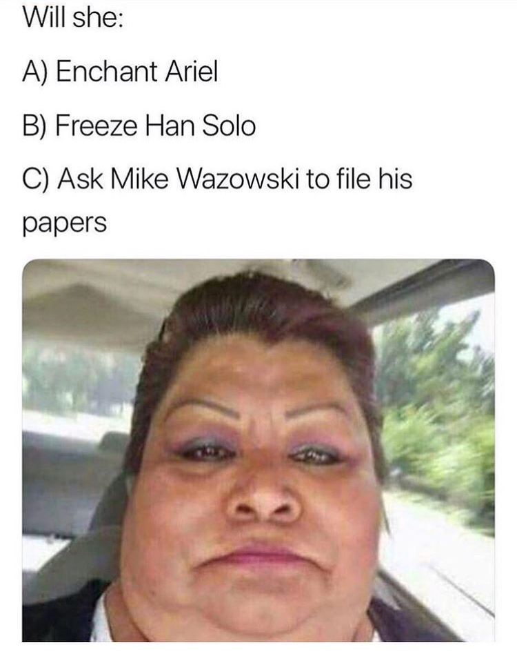 memes - freezes han solo - Will she A Enchant Ariel B Freeze Han Solo C Ask Mike Wazowski to file his papers