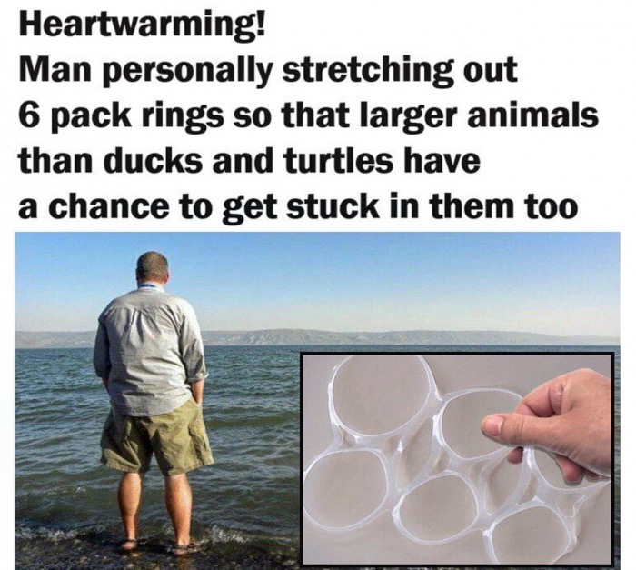 memes - water - Heartwarming! Man personally stretching out 6 pack rings so that larger animals than ducks and turtles have a chance to get stuck in them too