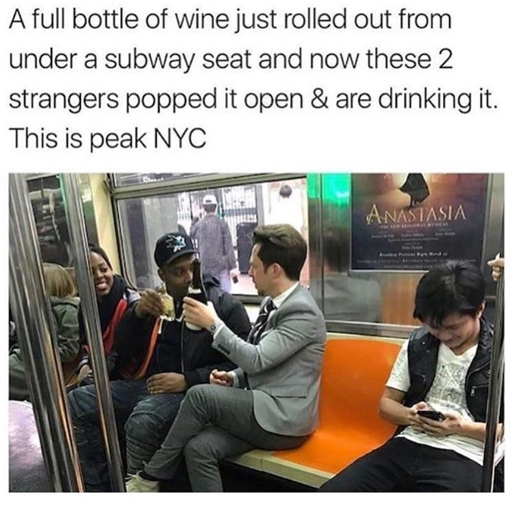 memes - bottle of wine nyc subway - A full bottle of wine just rolled out from under a subway seat and now these 2 strangers popped it open & are drinking it. This is peak Nyc Anastasia