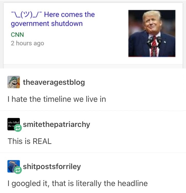 conversation - "L%_ Here comes the government shutdown Cnn 2 hours ago theaveragestblog Thate the timeline we live in te weesmitethepatriarchy This is Real shitpostsforriley I googled it, that is literally the headline