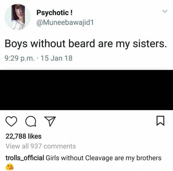 document - Psychotic ! Boys without beard are my sisters. p.m. 15 Jan 18 Q V 22,788 View all 937 trolls_official Girls without Cleavage are my brothers