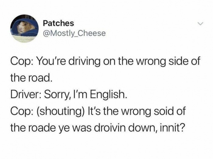 driving on the wrong side of the road meme - Patches Cop You're driving on the wrong side of the road. Driver Sorry, I'm English. Cop shouting It's the wrong soid of the roade ye was droivin down, innit?
