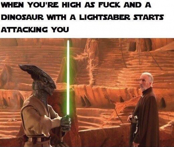 coleman trebor meme - When You'Re High As Fuck And A Dinosaur With A Lightsaber Starts Attacking You