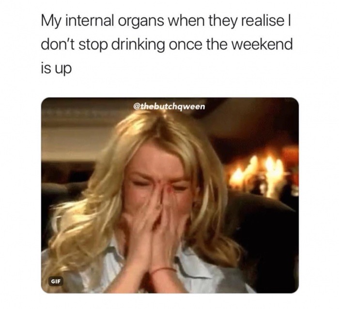 emotional breakdown at work - My internal organs when they realise | don't stop drinking once the weekend is up Gif