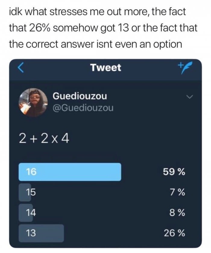 2 2x4 meme - idk what stresses me out more, the fact that 26% somehow got 13 or the fact that the correct answer isnt even an option Tweet Guediouzou 22x4 16 59% 7 % 14 8% 13 26%