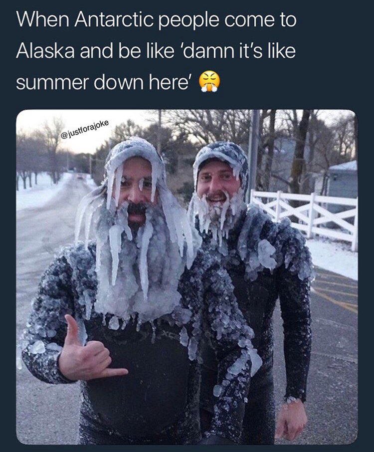 people freezing meme - When Antarctic people come to Alaska and be 'damn it's summer down here' justforajoke Jai In