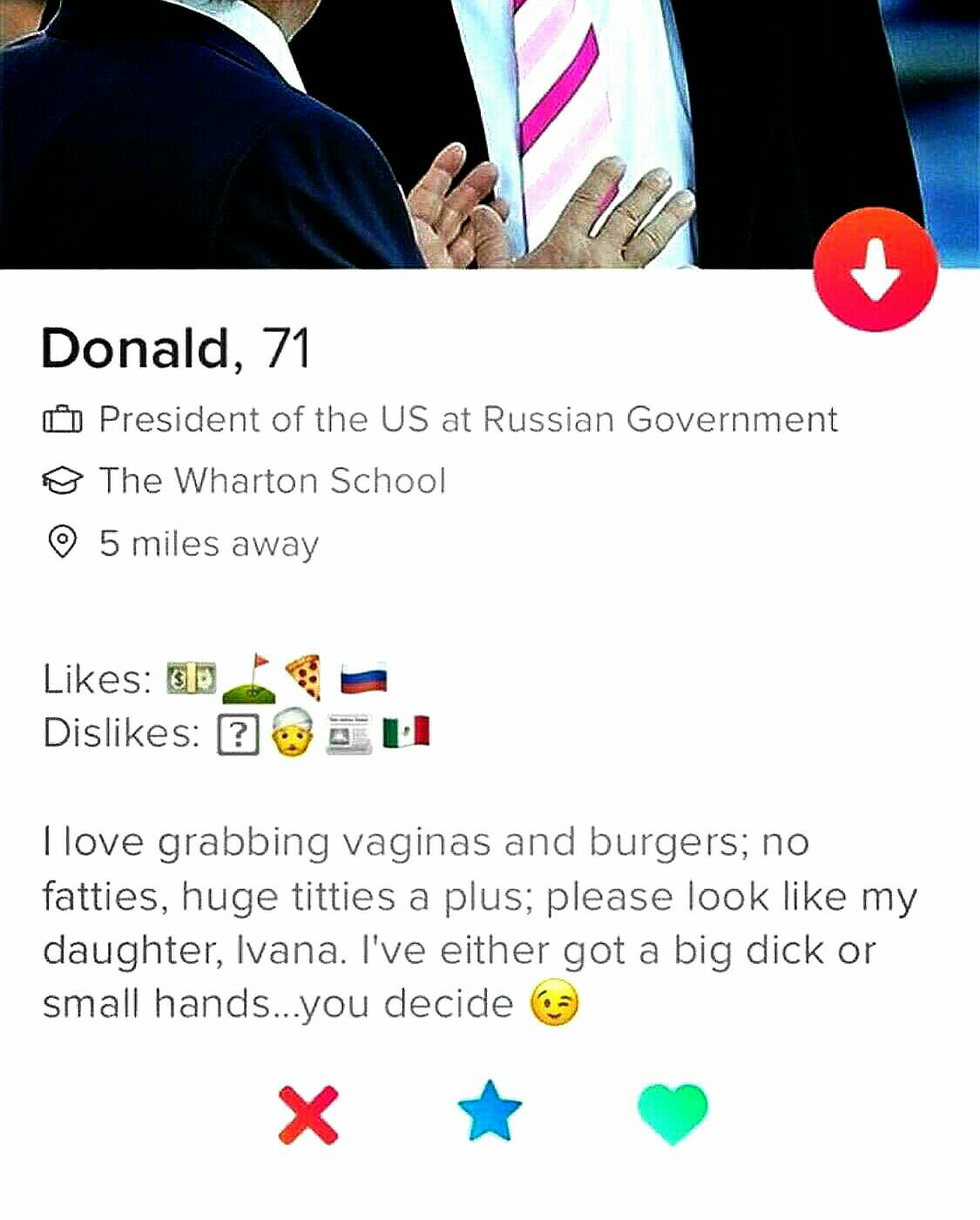 human behavior - Donald, 71 President of the Us at Russian Government @ The Wharton School 5 miles away 35 Dis 2 U Tlove grabbing vaginas and burgers; no fatties, huge titties a plus; please look my daughter, Ivana. I've either got a big dick or small han