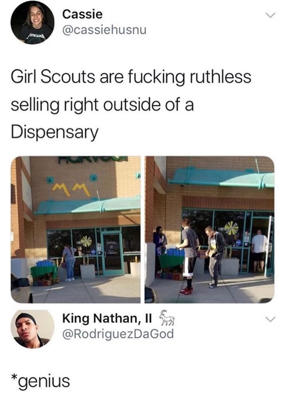 girl scout dispensary meme - Cassie Ark Girl Scouts are fucking ruthless selling right outside of a Dispensary King Nathan, Ils genius
