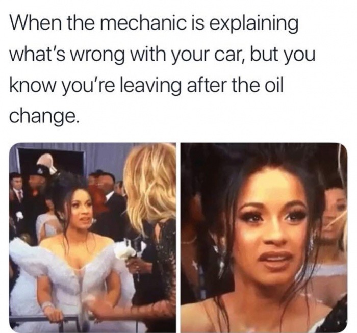 cardi b confused gif - When the mechanic is explaining what's wrong with your car, but you know you're leaving after the oil change.