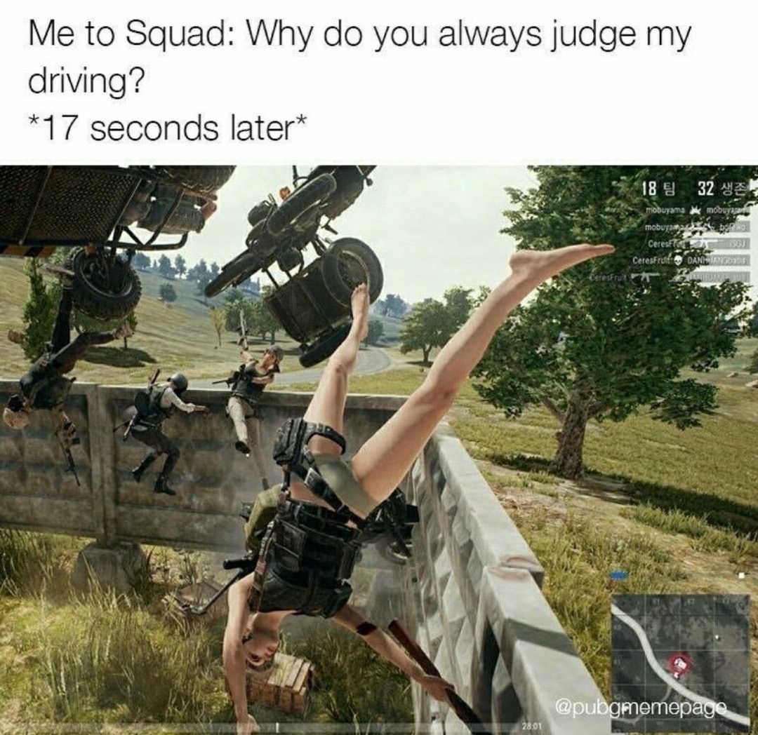 funniest pubg memes - Me to Squad Why do you always judge my driving? 17 seconds later 18932 ya mobuyama tik mobujaa mobuyamb o Cerest Ceresfrank Dandirdi Ceresfrut 28.01
